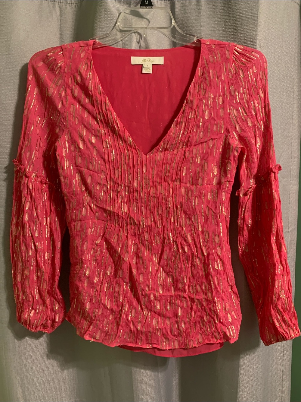 Lilly Pulitzer Hot Pink V-Neck Blouse with Gold Metallic Accents
